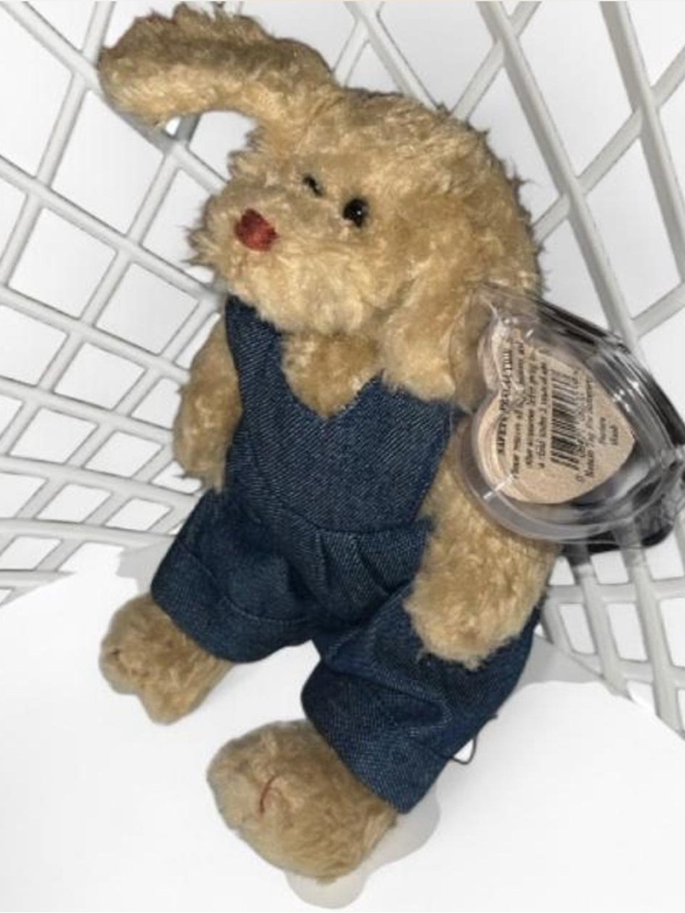 Vintage 1993 collector plush Tan Bunny in Blue Denim Overalls -